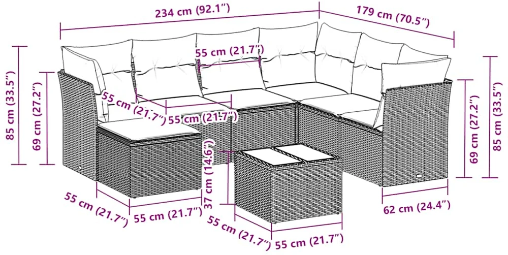 Sofa Sodo komplektas su pagalvėlėmis, 8 dalių, pilkas, poliratanas