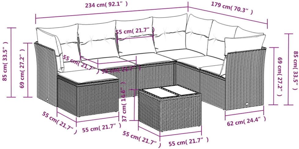 Sofa Sodo komplektas su pagalvėlėmis, 8 dalių, pilkas, poliratanas