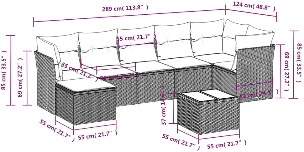 Sofa Sodo komplektas su pagalvėlėmis, 8 dalių, pilkas, poliratanas