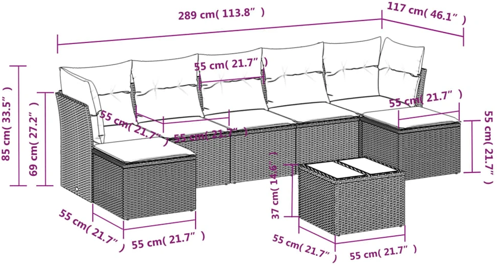Sofa Sodo komplektas su pagalvėlėmis, 8 dalių, pilkas, poliratanas