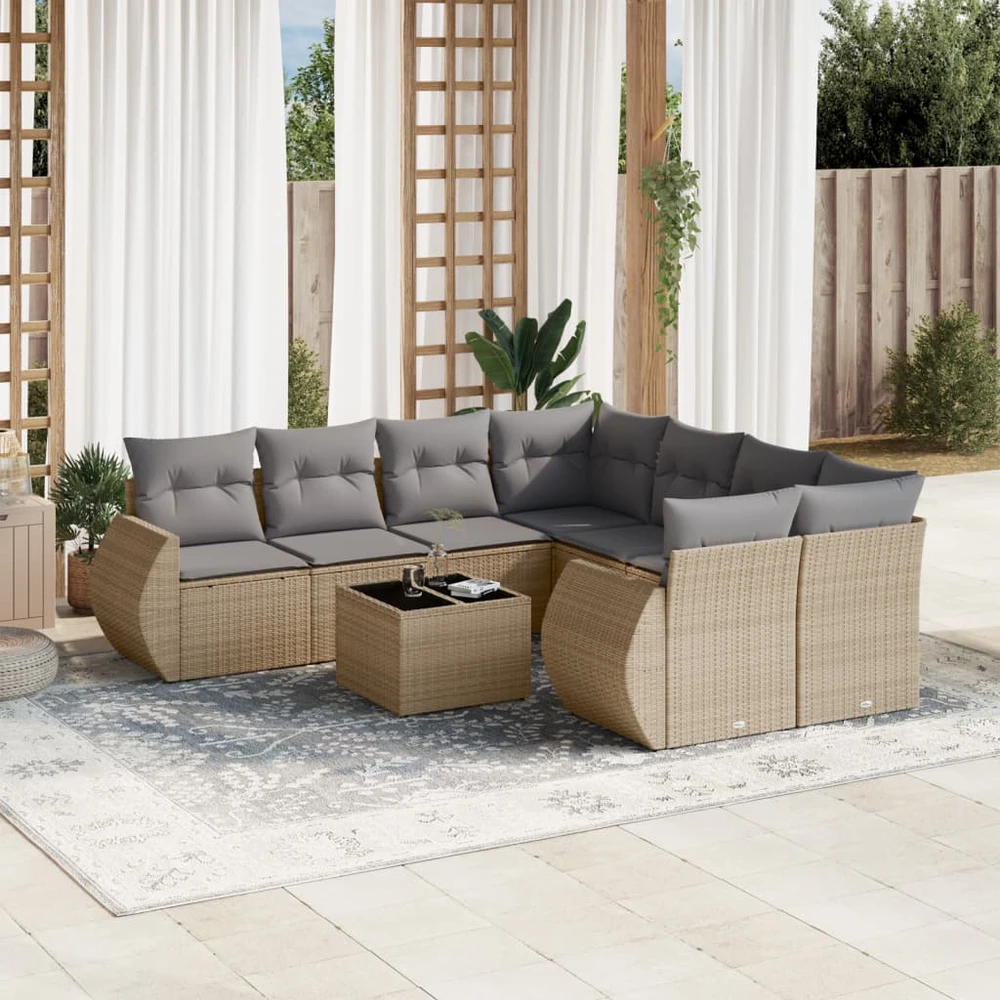 Sofa Sodo komplektas su pagalvėlėmis, 9 dalių, smėlio, poliratanas