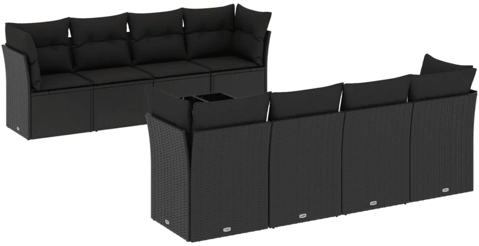 Lauko baldų komplektas Sodo komplektas su pagalvėlėmis, 9 dalių, juodas, poliratanas