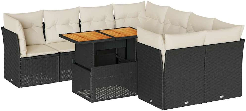 Sofa Sodo komplektas su pagalvėlėmis, 9 dalių, juodas, poliratanas