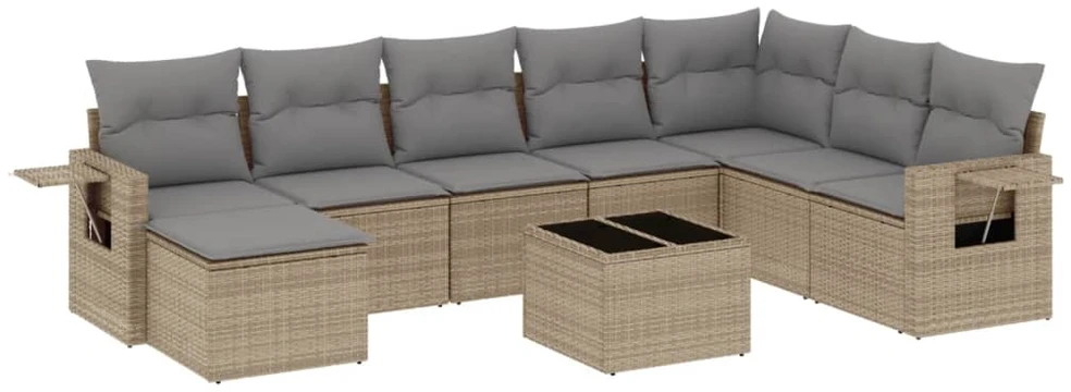 Sofa Sodo komplektas su pagalvėlėmis, 9 dalių, smėlio, poliratanas