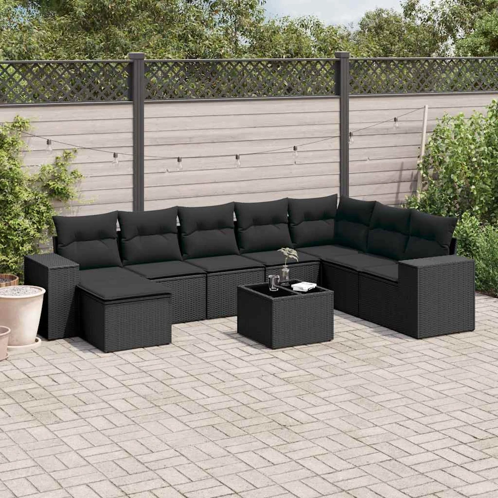 Sofa Sodo komplektas su pagalvėlėmis, 9 dalių, juodas, poliratanas