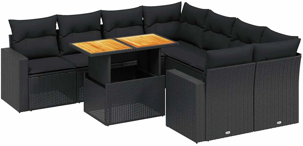 Lauko baldų komplektas Sodo komplektas su pagalvėlėmis, 9 dalių, juodas, poliratanas