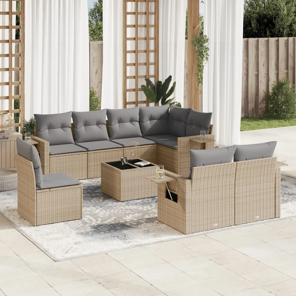 Sofa Sodo komplektas su pagalvėlėmis, 9 dalių, smėlio, poliratanas