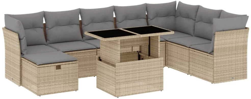 Lauko baldų komplektas Sodo komplektas su pagalvėlėmis, 9 dalių, smėlio, poliratanas