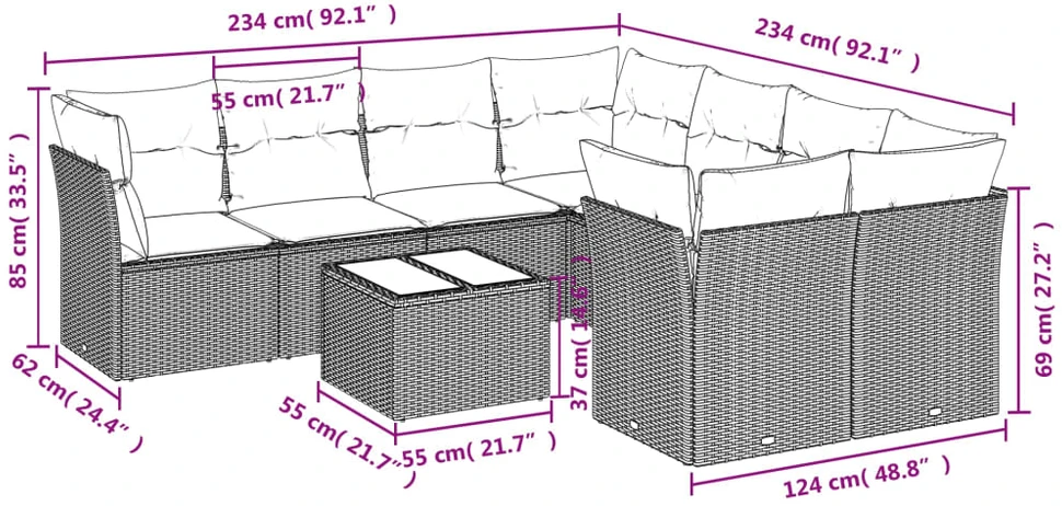 Lauko baldų komplektas Sodo komplektas su pagalvėlėmis, 9 dalių, juodas, poliratanas