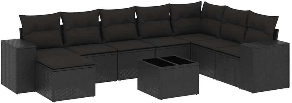 Sofa Sodo komplektas su pagalvėlėmis, 9 dalių, juodas, poliratanas