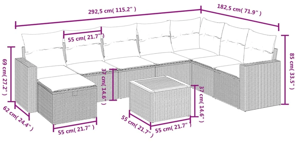 Sofa Sodo komplektas su pagalvėlėmis, 9 dalių, smėlio, poliratanas