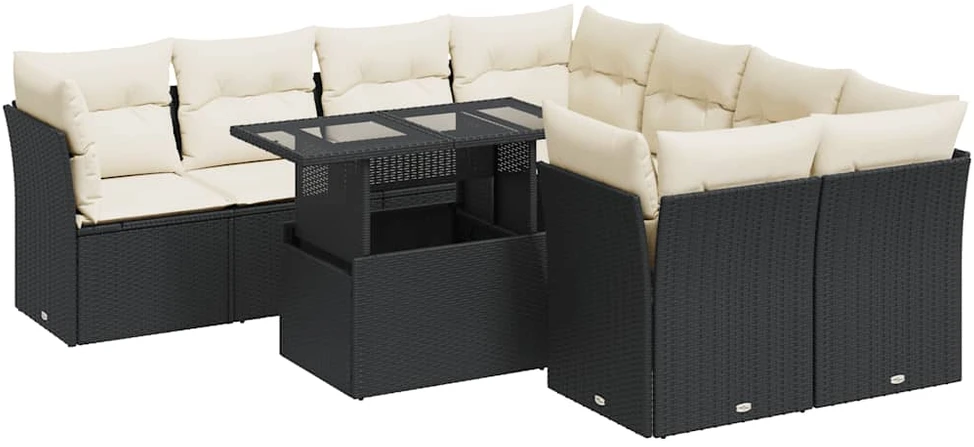 Sofa Sodo komplektas su pagalvėlėmis, 9 dalių, juodas, poliratanas