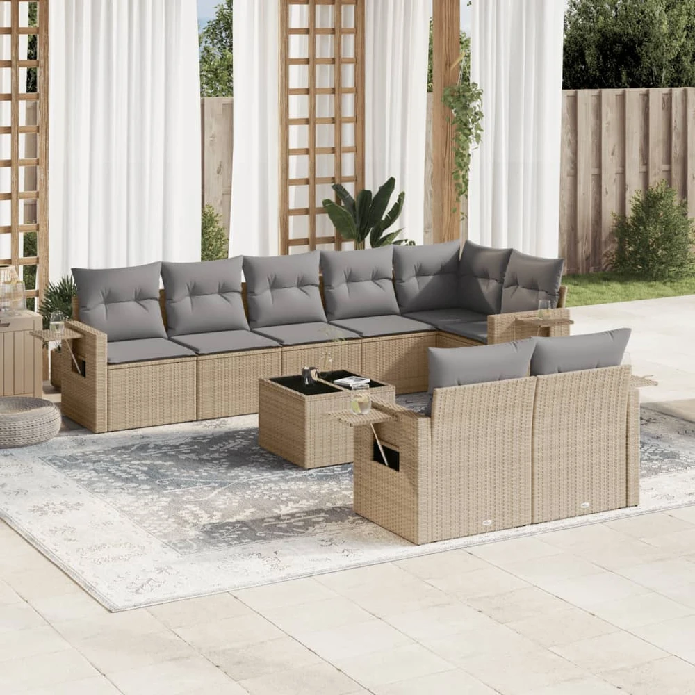 Sofa Sodo komplektas su pagalvėlėmis, 9 dalių, smėlio, poliratanas