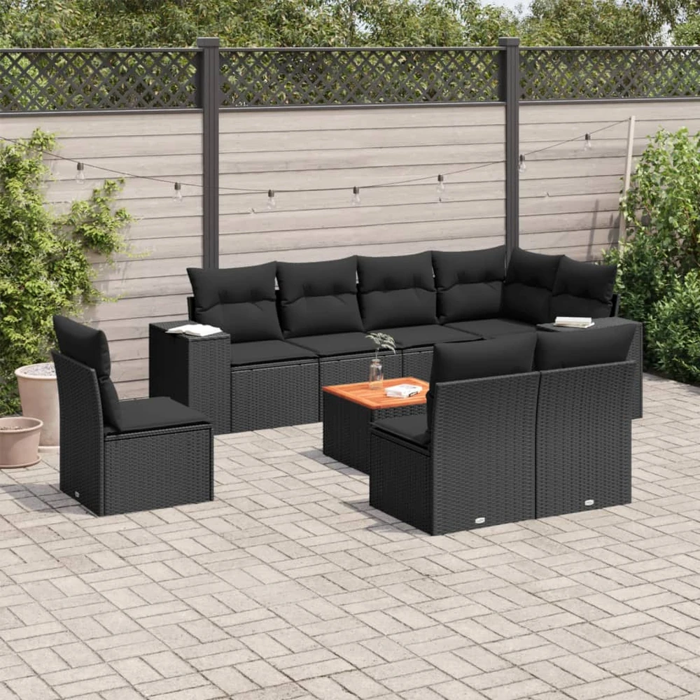 Sofa Sodo komplektas su pagalvėlėmis, 9 dalių, juodas, poliratanas
