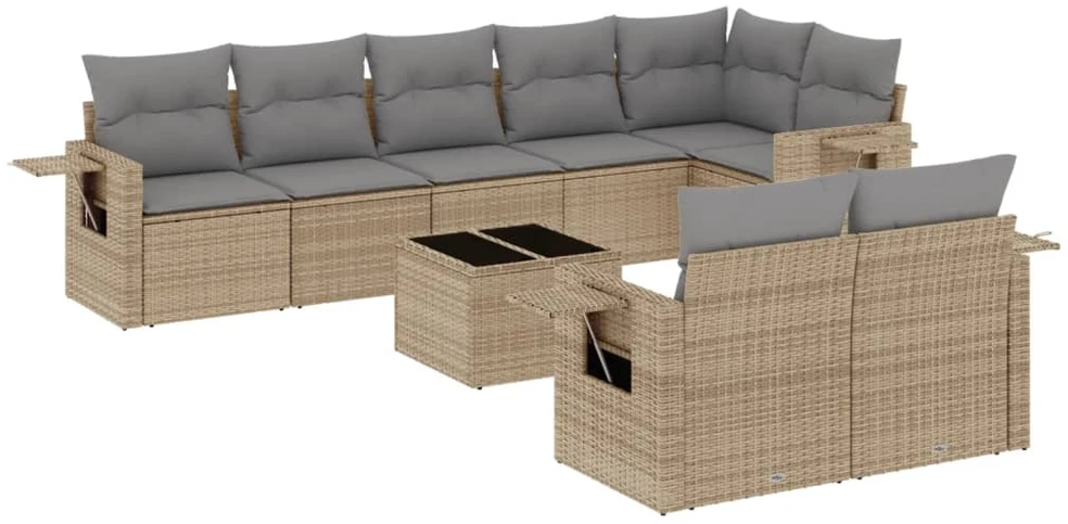 Sofa Sodo komplektas su pagalvėlėmis, 9 dalių, smėlio, poliratanas