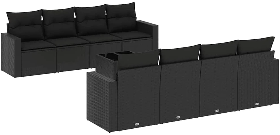 Lauko baldų komplektas Sodo komplektas su pagalvėlėmis, 9 dalių, juodas, poliratanas