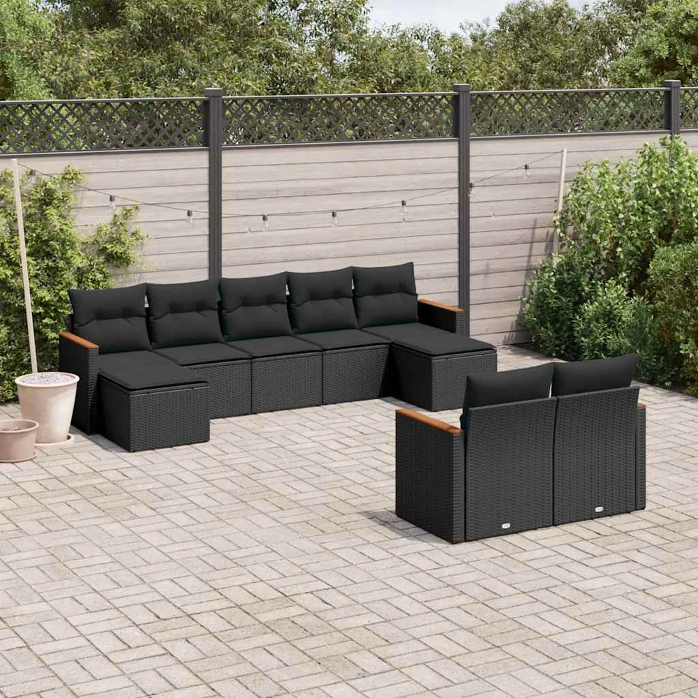 Lauko baldų komplektas Sodo komplektas su pagalvėlėmis, 9 dalių, juodas, poliratanas