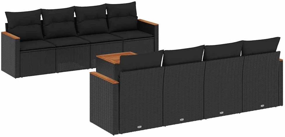 Lauko baldų komplektas Sodo komplektas su pagalvėlėmis, 9 dalių, juodas, poliratanas
