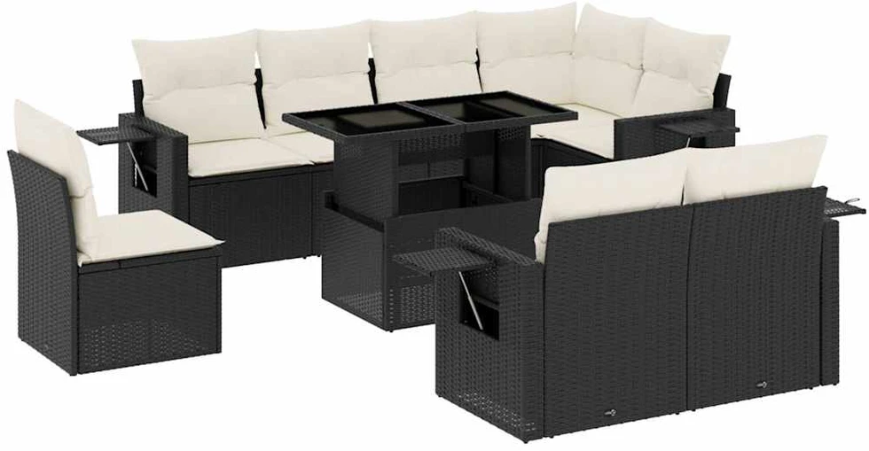 Lauko baldų komplektas Sodo komplektas su pagalvėlėmis, 9 dalių, juodas, poliratanas