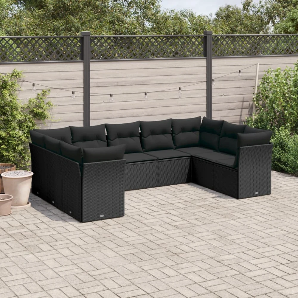 Lauko baldų komplektas Sodo komplektas su pagalvėlėmis, 9 dalių, juodas, poliratanas