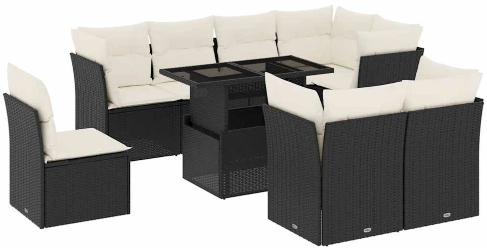 Lauko baldų komplektas Sodo komplektas su pagalvėlėmis, 9 dalių, juodas, poliratanas