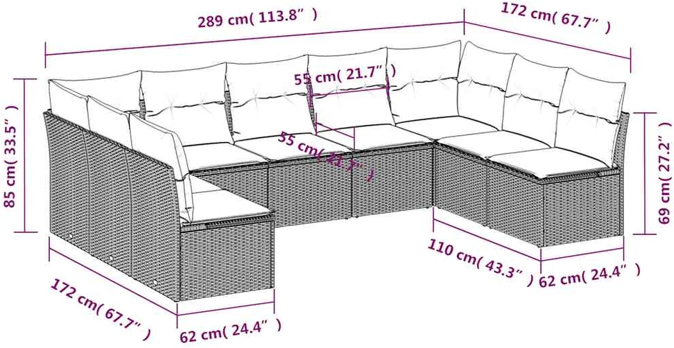 Lauko baldų komplektas Sodo komplektas su pagalvėlėmis, 9 dalių, juodas, poliratanas