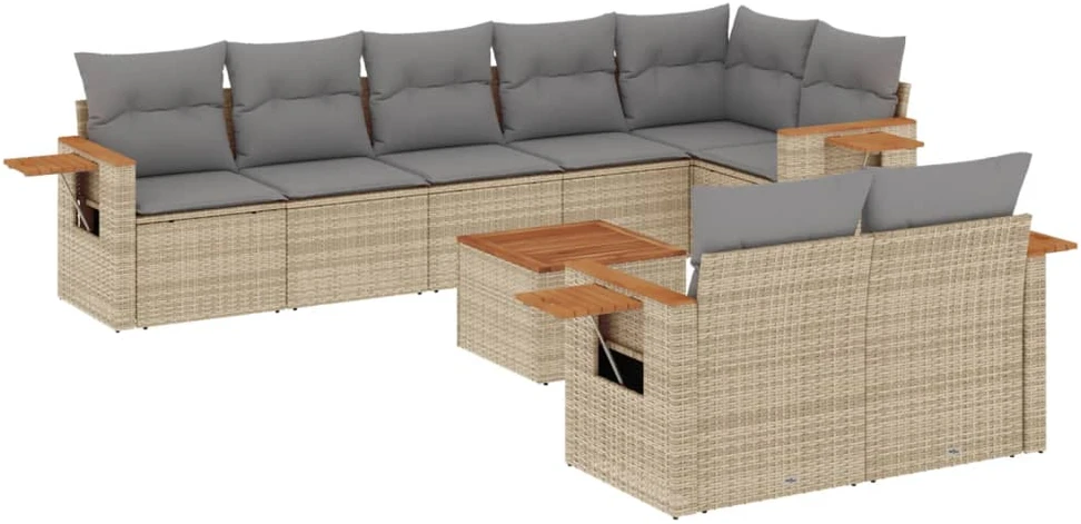 Sofa Sodo komplektas su pagalvėlėmis, 9 dalių, smėlio, poliratanas
