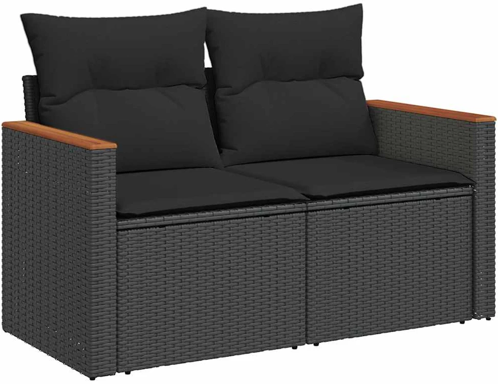 Lauko baldų komplektas Sodo komplektas su pagalvėlėmis, 9 dalių, juodas, poliratanas