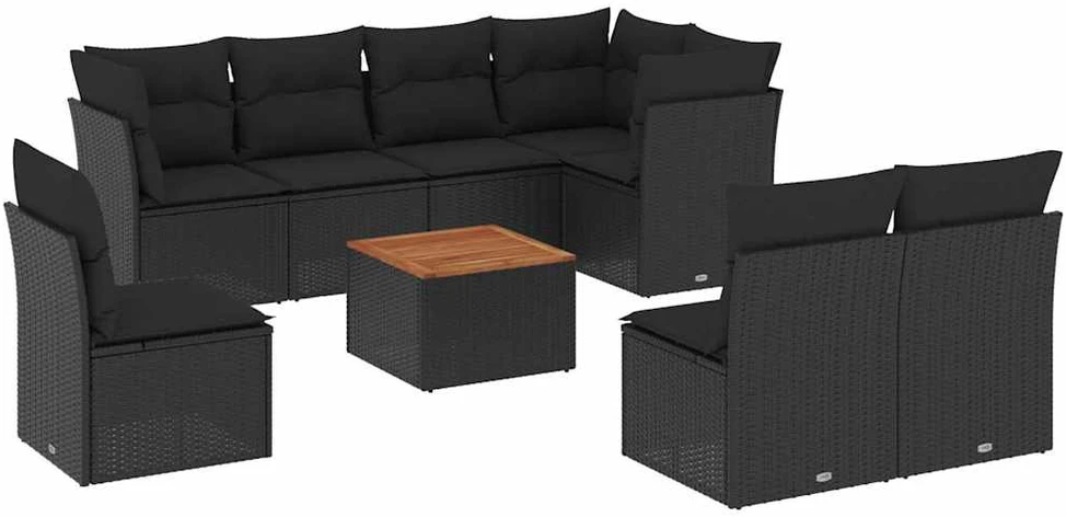Lauko baldų komplektas Sodo komplektas su pagalvėlėmis, 9 dalių, juodas, poliratanas