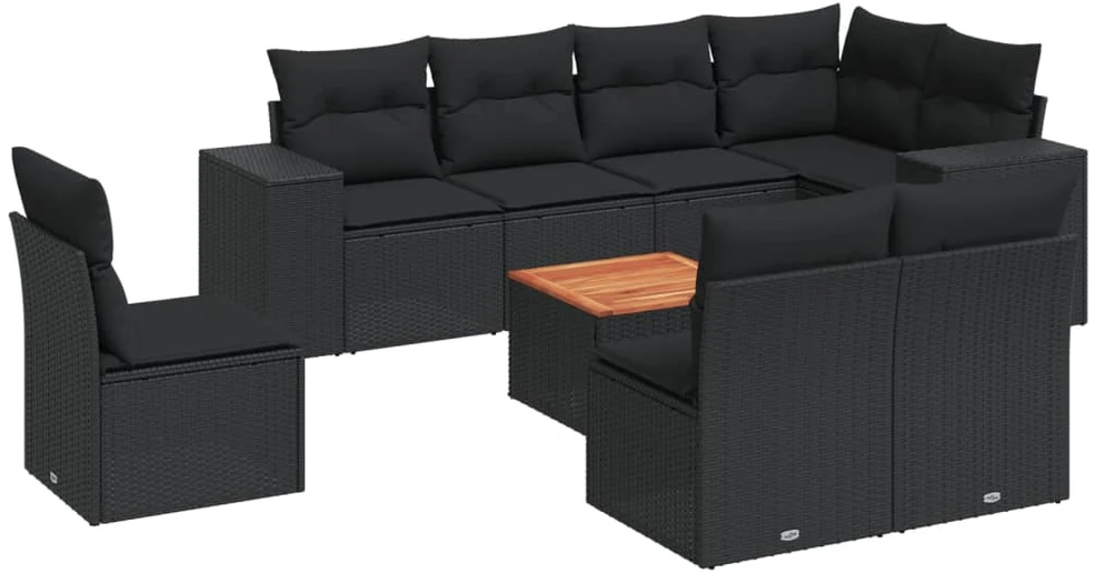 Sofa Sodo komplektas su pagalvėlėmis, 9 dalių, juodas, poliratanas