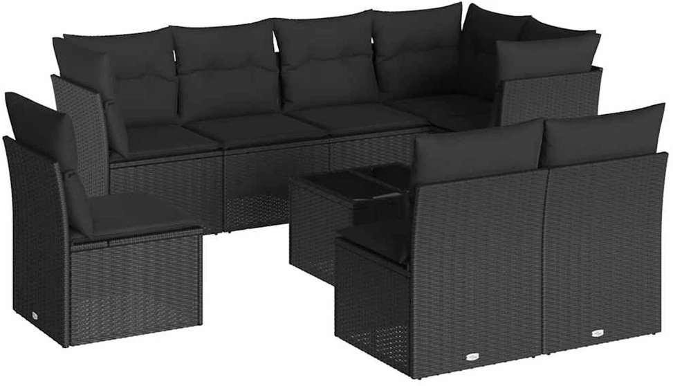 Lauko baldų komplektas Sodo komplektas su pagalvėlėmis, 9 dalių, juodas, poliratanas