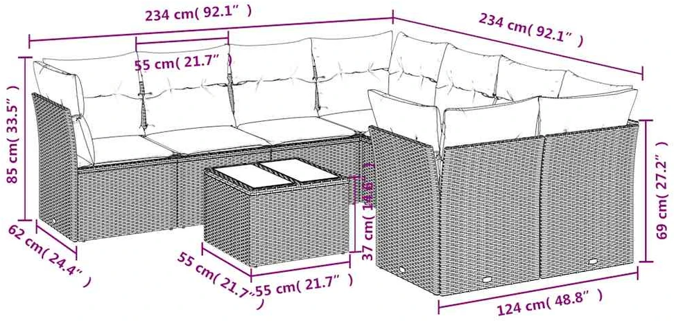 Lauko baldų komplektas Sodo komplektas su pagalvėlėmis, 9 dalių, juodas, poliratanas