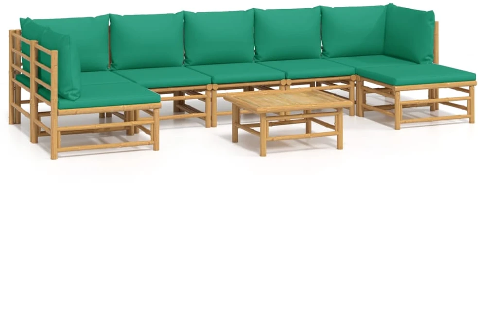 Lauko baldų komplektas Sodo komplektas su žaliomis pagalvėlėmis, 8 dalių, bambukas