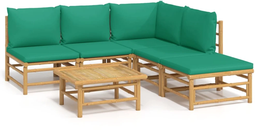 Lauko baldų komplektas Sodo komplektas su žaliomis pagalvėlėmis, 6 dalių, bambukas