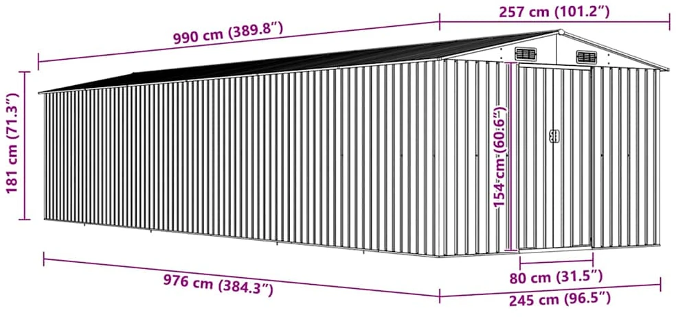 Sodo pašiūrė, pilka, 257x990x181cm, galvanizuotas plienas