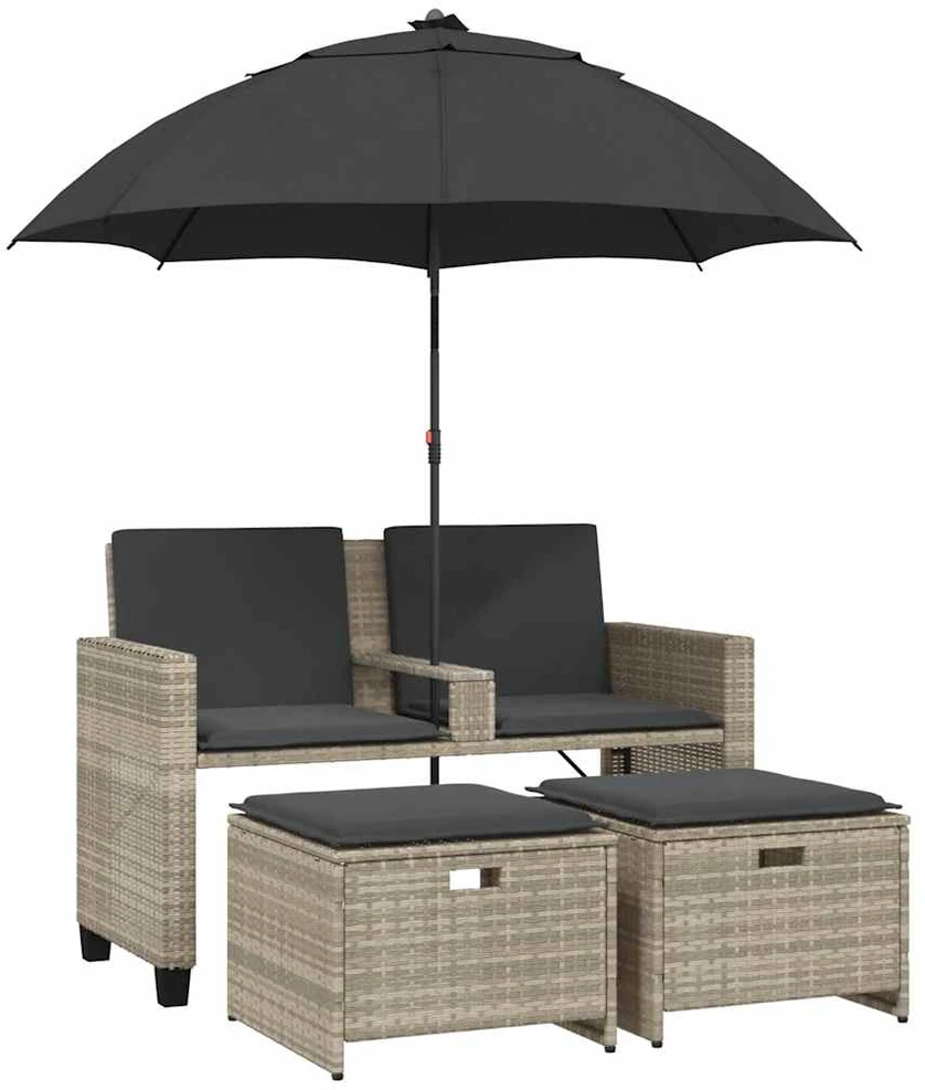 sodo sofa 2-vietė su skėčiu ir kėdėmis šviesiai pilkos spalvos