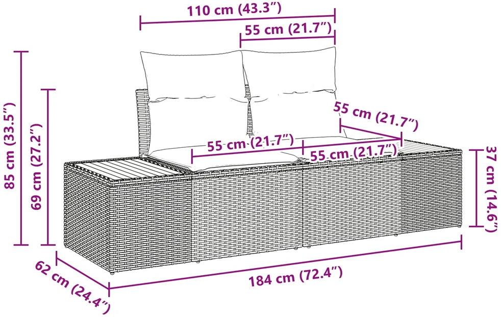 Sodo sofa Juoda 184 x 62 x 85cm poliratanas