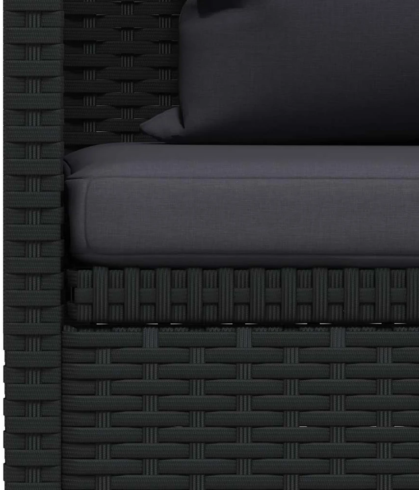 Sodo sofa su pagalvėlėmis ir pagalvėmis, juoda, poliratanas