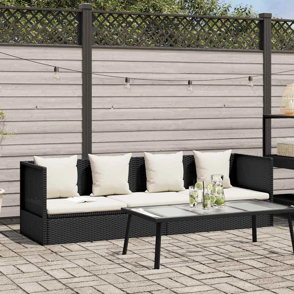 Sodo sofa su pagalvėlėmis ir pagalvėmis, juoda, poliratanas