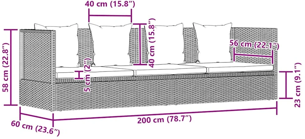 Sodo sofa su pagalvėlėmis ir pagalvėmis, juoda, poliratanas