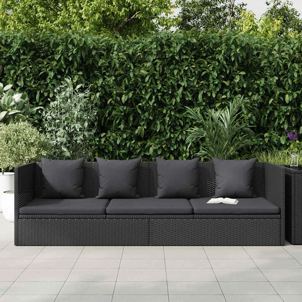 Sodo sofa su pagalvėlėmis ir pagalvėmis, juoda, poliratanas