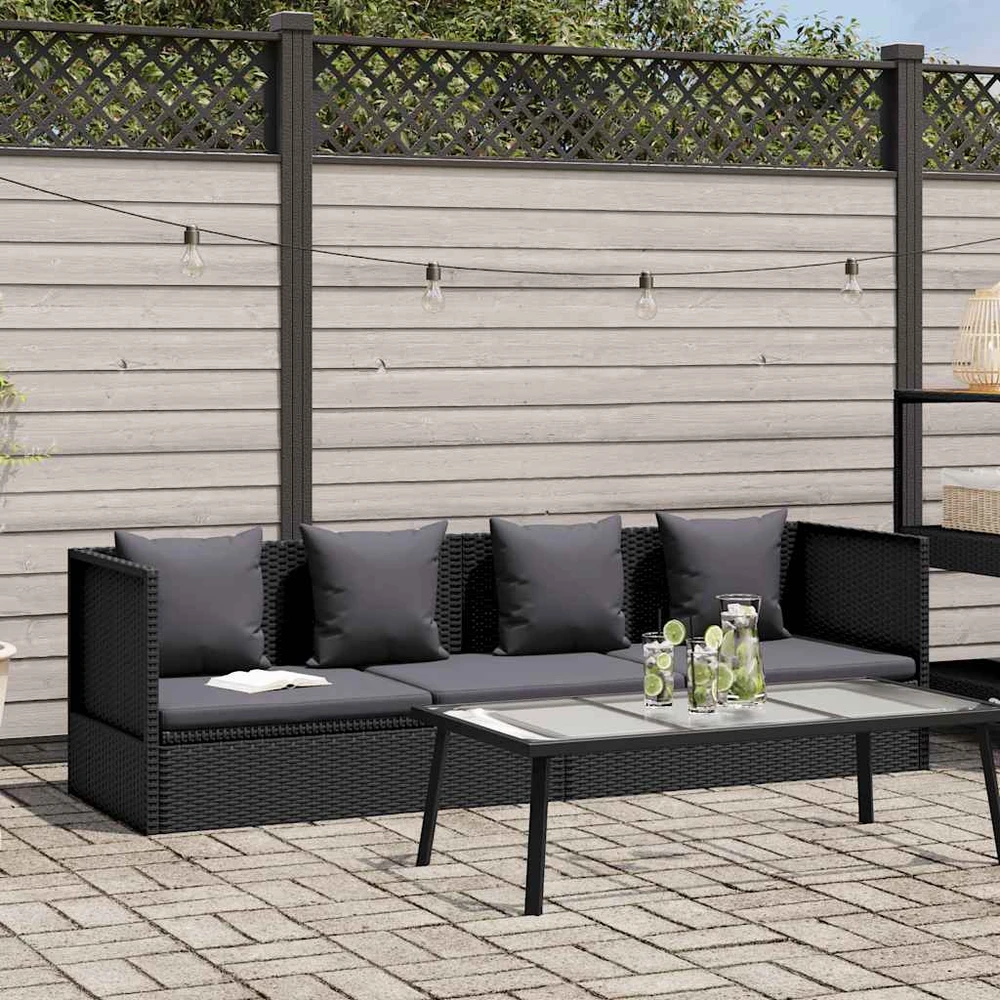 Sodo sofa su pagalvėlėmis ir pagalvėmis, juoda, poliratanas