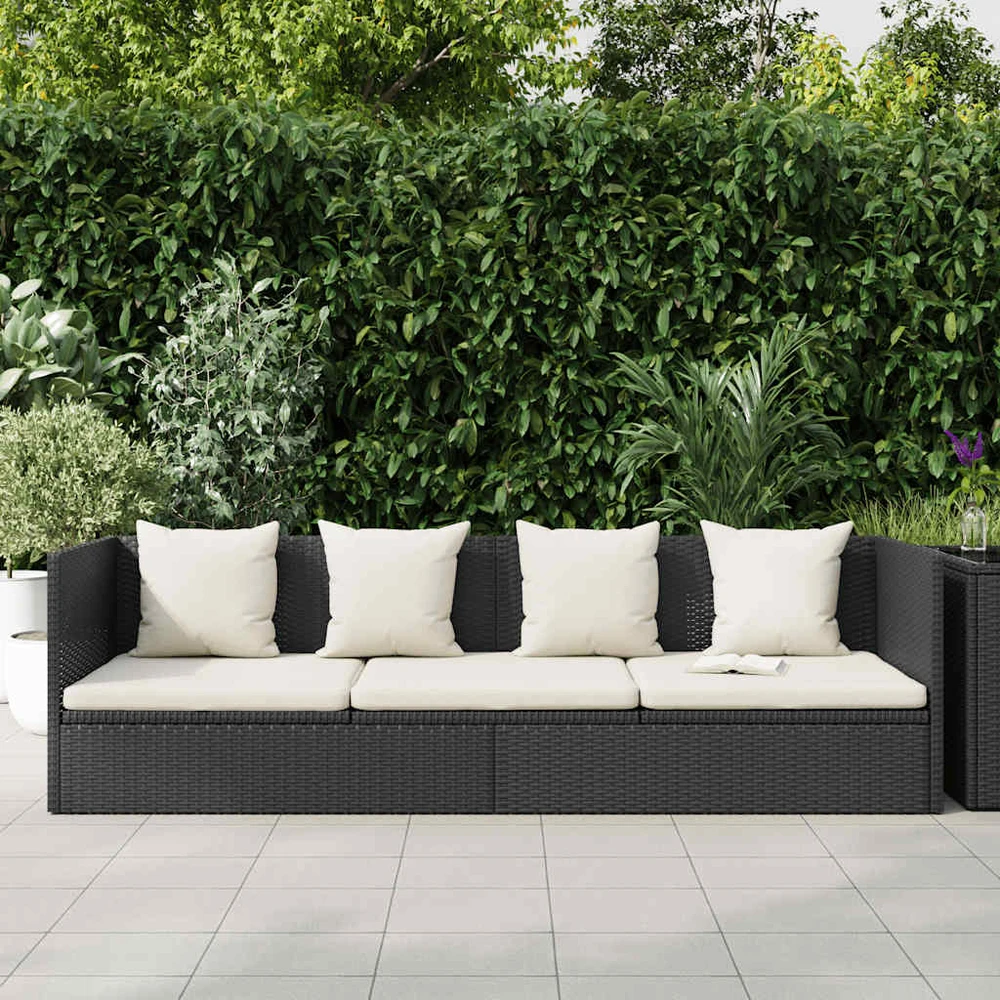 Sodo sofa su pagalvėlėmis ir pagalvėmis, juoda, poliratanas