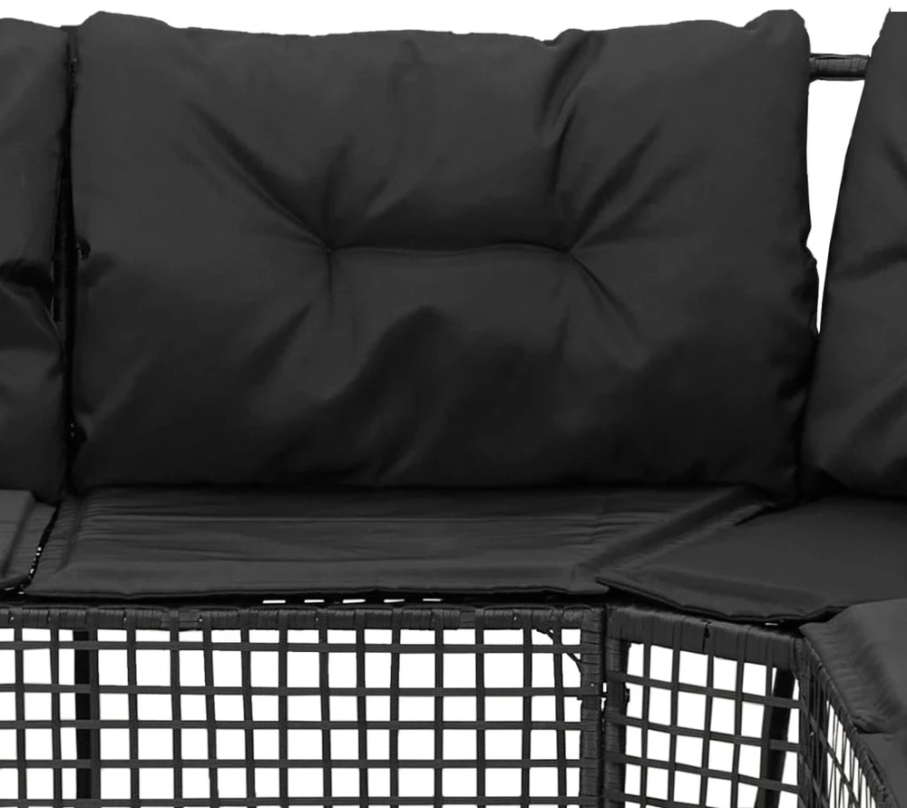 Sodo sofa su pagalvėlėmis ir pakojomis, juoda, poliratanas