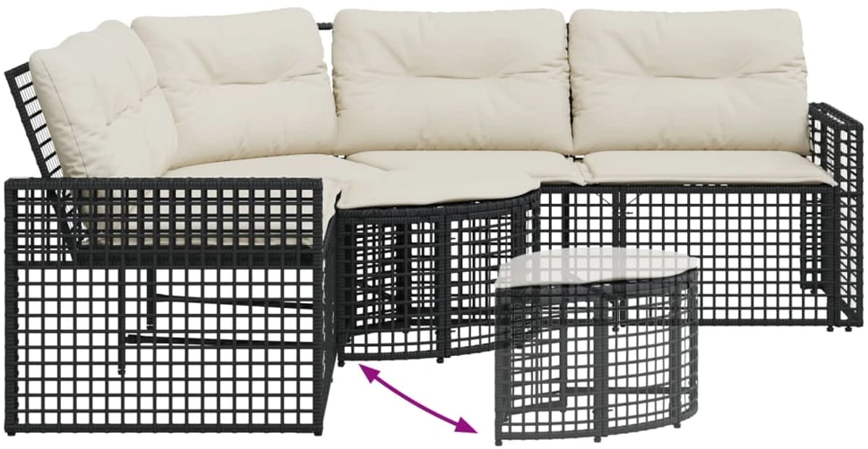 Sodo sofa su pagalvėlėmis ir pakojomis, juoda, poliratanas