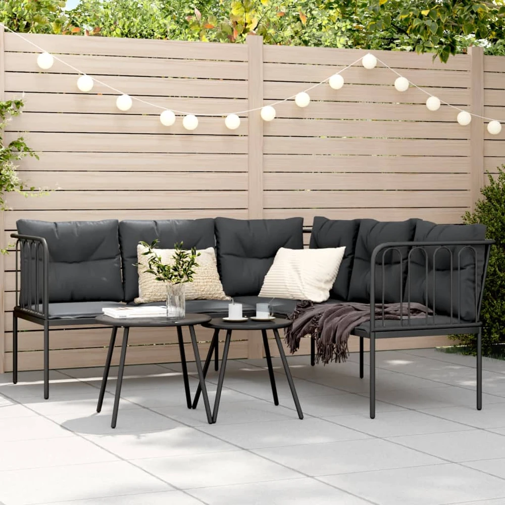 Sodo sofa su pagalvėlėmis, juoda, plienas/tekstilenas