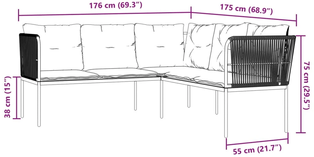 Sodo sofa su pagalvėlėmis, juoda, plienas/tekstilenas