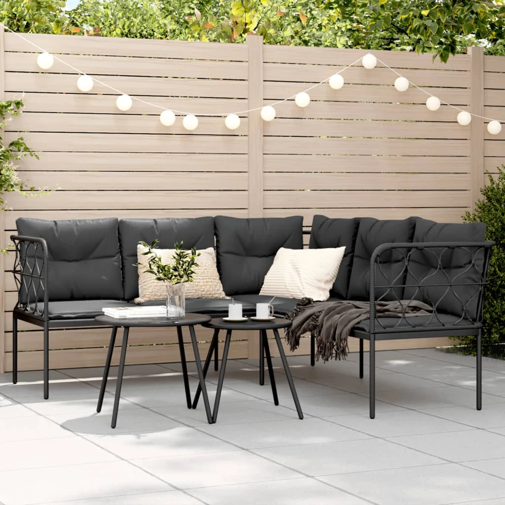 Sodo sofa su pagalvėlėmis, juoda, plienas/tekstilenas
