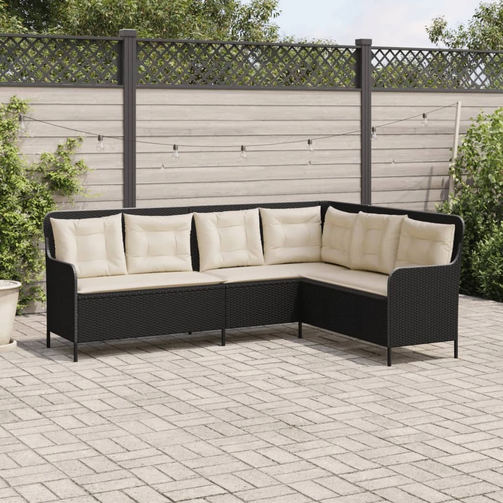 Sodo sofa su pagalvėlėmis, juoda, poliratanas, L formos