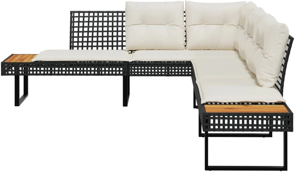 Sodo sofa su pagalvėlėmis, juoda, poliratanas/akacija, L formos